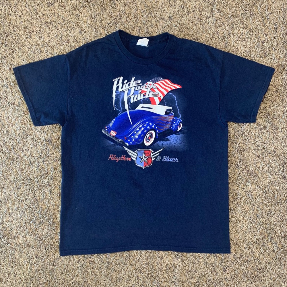 Ride With Pride Hot Rod Car Shirt Mens Large Blue USA American Flag Patriotic